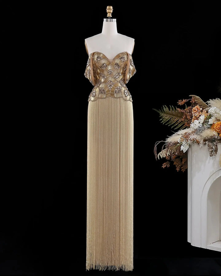Dreamy Vow SS333 Gold beaded evening gown, front