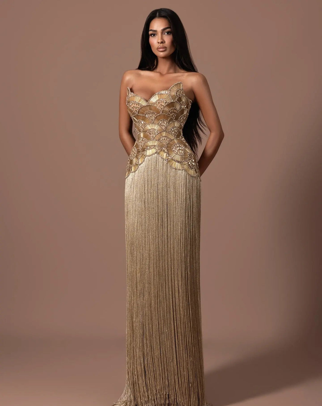 Dreamy Vow SS336 gold strapless beaded fringe column evening gown full front