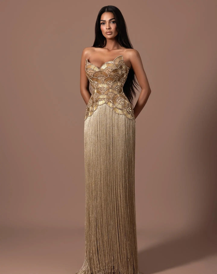 Dreamy Vow SS336 gold strapless beaded fringe column evening gown full front