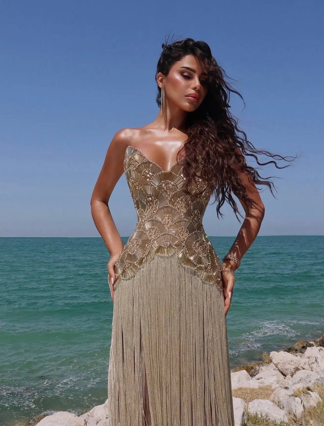 Dreamy Vow SS336 gold strapless beaded fringe gown beach model front