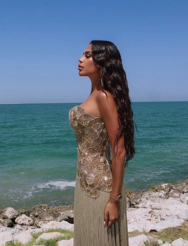 Dreamy Vow SS336 gold strapless beaded fringe column gown side view