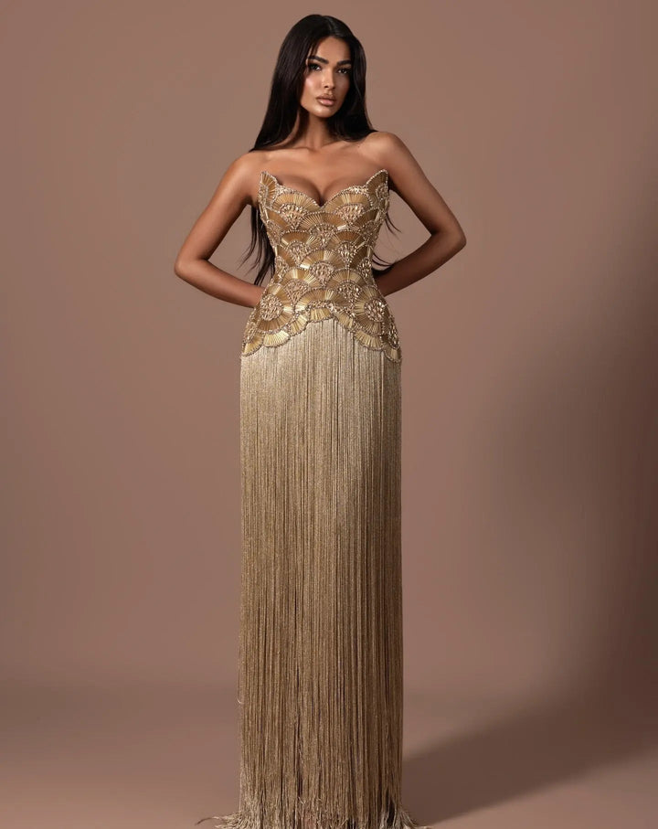 Dreamy Vow SS336 gold beaded fringe column gown studio front