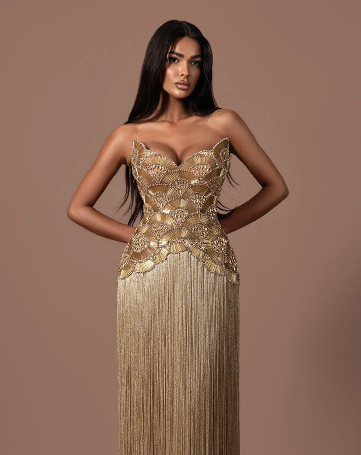Dreamy Vow SS336 gold strapless beaded fringe evening dress front detail