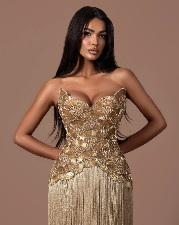 Dreamy Vow SS336 gold strapless beaded bodice and fringe detail