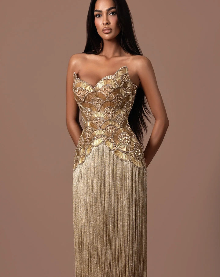 Dreamy Vow SS336 gold beaded strapless column evening gown three quarter front