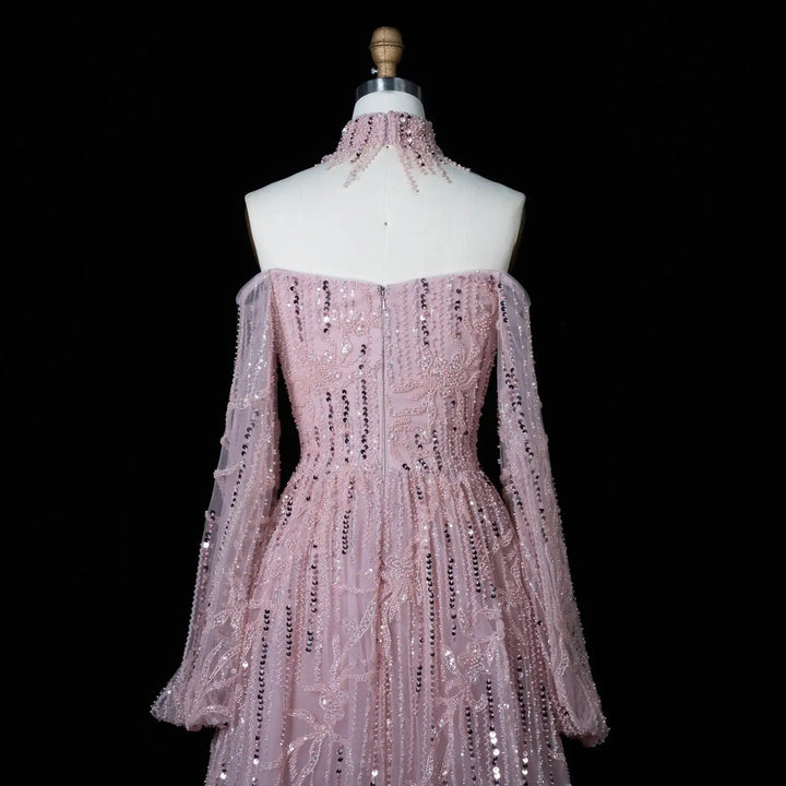 Dreamy Vow SS411 pink sequin off shoulder evening dress back view