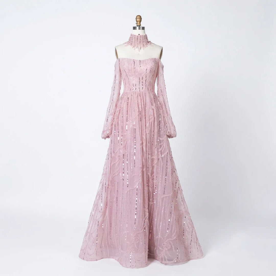 Dreamy Vow SS411 pink sequin off shoulder evening dress front