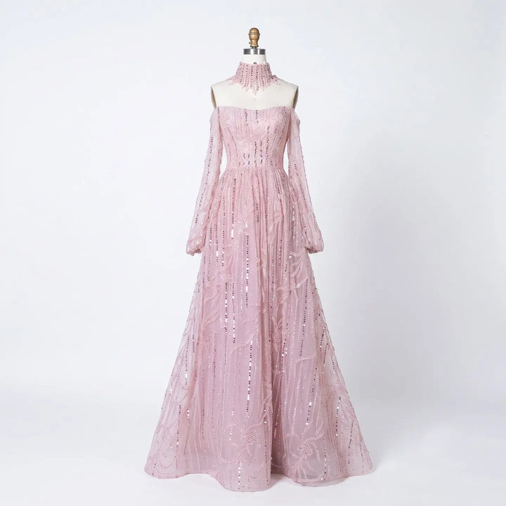 Dreamy Vow SS411 pink sequin off shoulder evening dress front