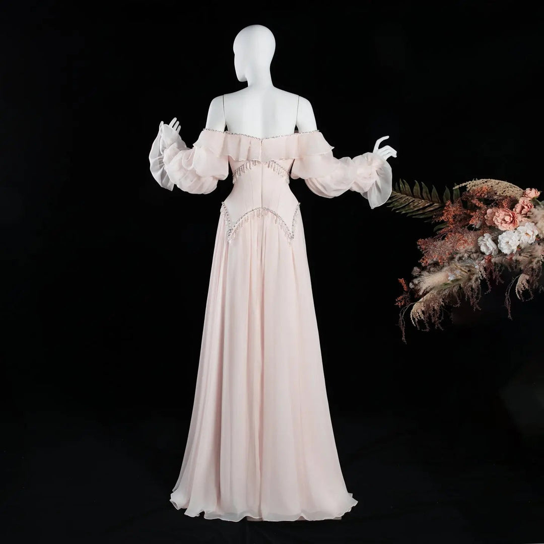 Dreamy Vow SS412 pearl pink off-shoulder chiffon A-line evening dress mannequin back full