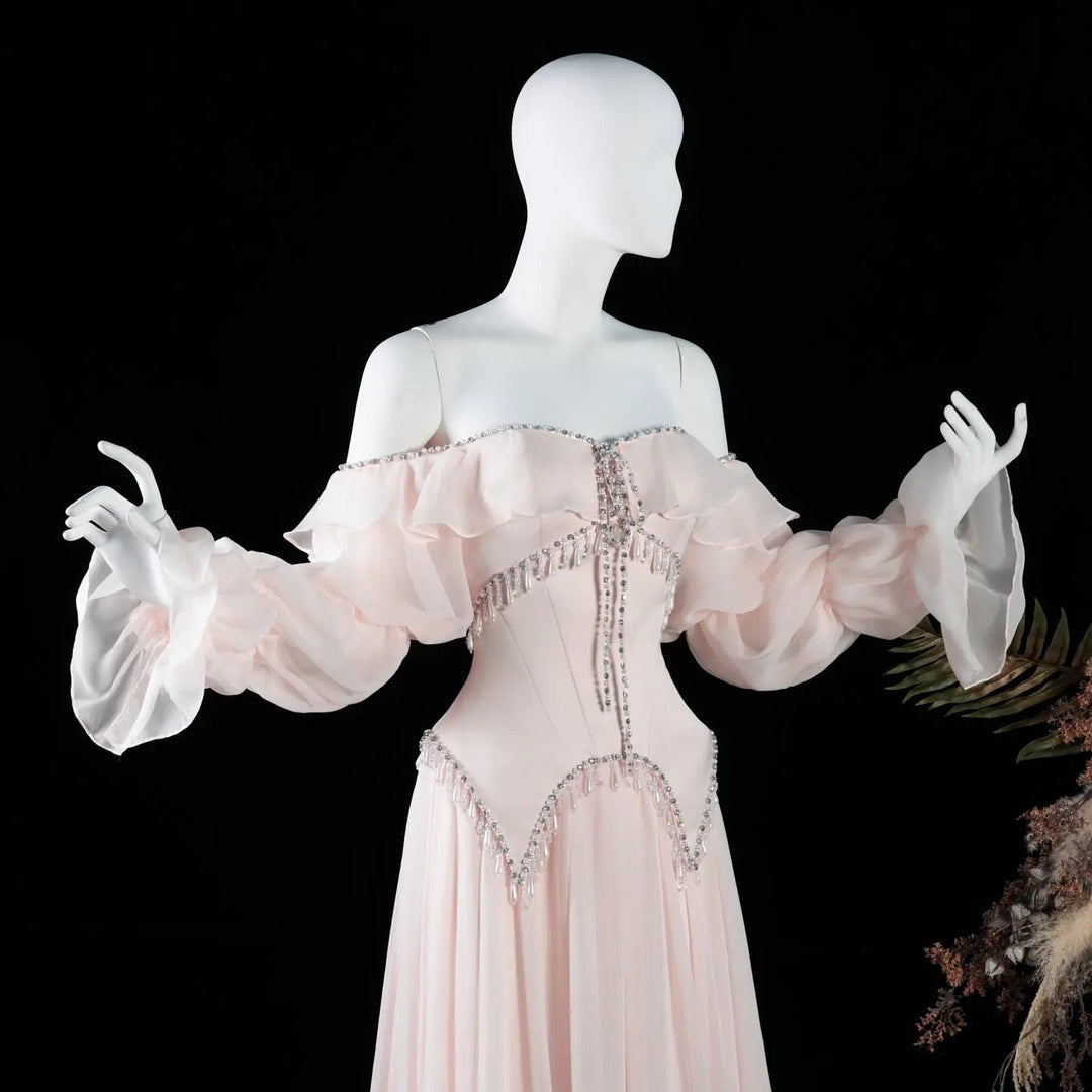 Dreamy Vow SS412 pearl pink chiffon evening dress mannequin bodice detail