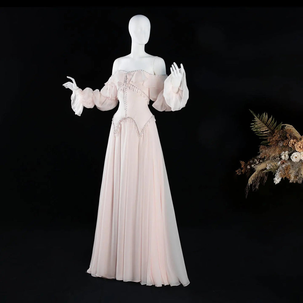 Dreamy Vow SS412 pearl pink off-shoulder chiffon A-line evening dress mannequin front full