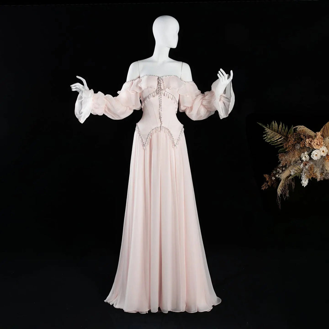 Luxury Pearl Pink Off-Shoulder Chiffon A-Line Evening Dress SS412