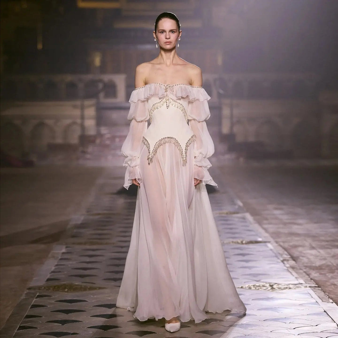 Dreamy Vow SS412 pearl pink off-shoulder chiffon A-line evening dress model front full view