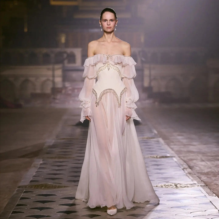 Dreamy Vow SS412 pearl pink off-shoulder chiffon A-line evening dress model front full view