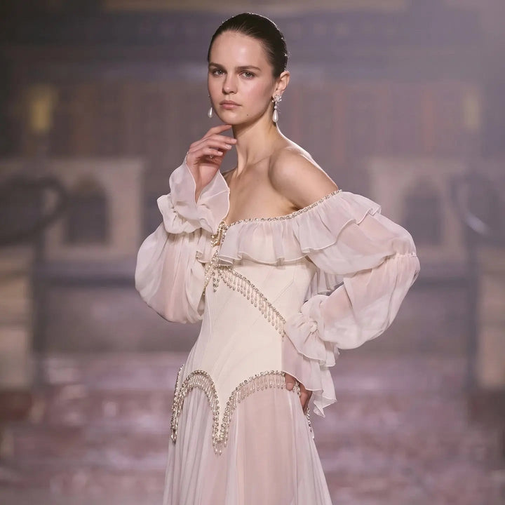 Dreamy Vow SS412 pearl pink off-shoulder chiffon A-line evening dress model side bodice