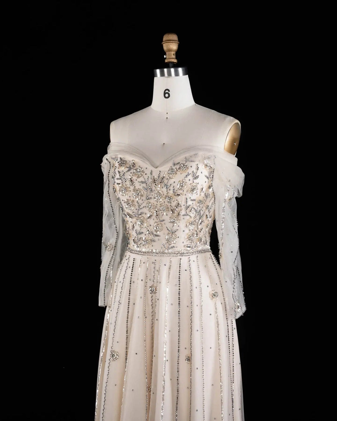Dreamy Vow SS421 Beige off-shoulder beaded A-line evening dress, angled bodice