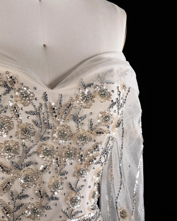 Dreamy Vow SS421 Beige off-shoulder beaded A-line evening dress, beading detail