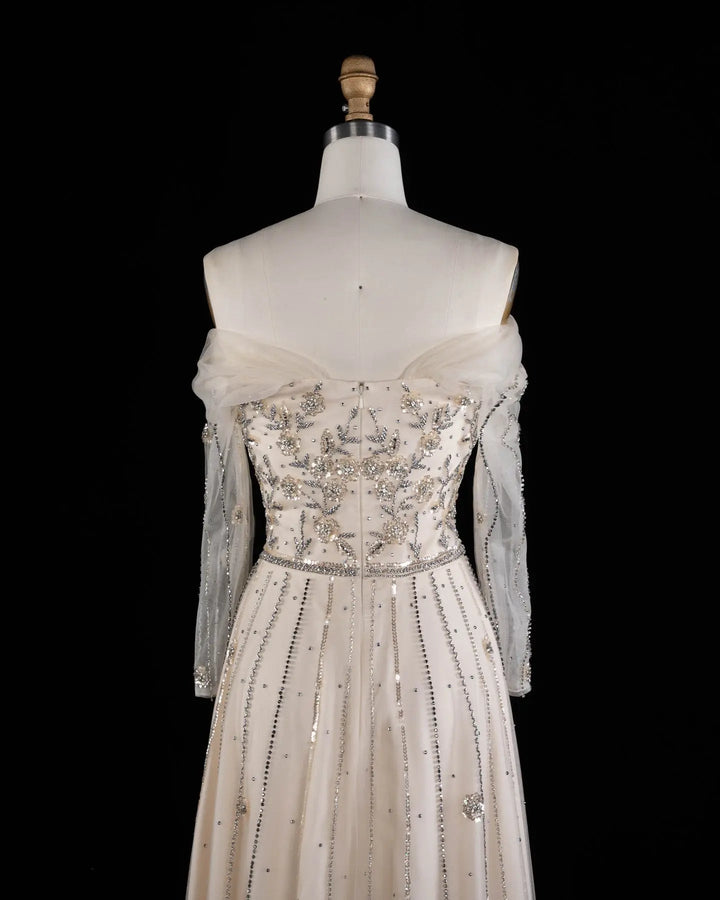 Dreamy Vow SS421 Beige off-shoulder beaded A-line evening dress, bodice front