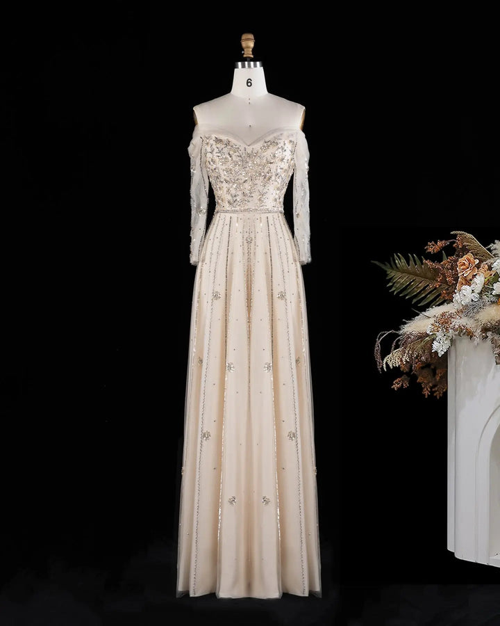 Dreamy Vow SS421 Beige off-shoulder beaded A-line evening dress, full length detail
