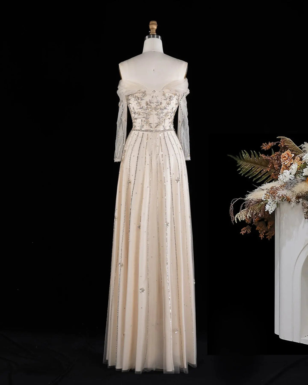 Dreamy Vow SS421 Beige off-shoulder beaded A-line evening dress, full length front