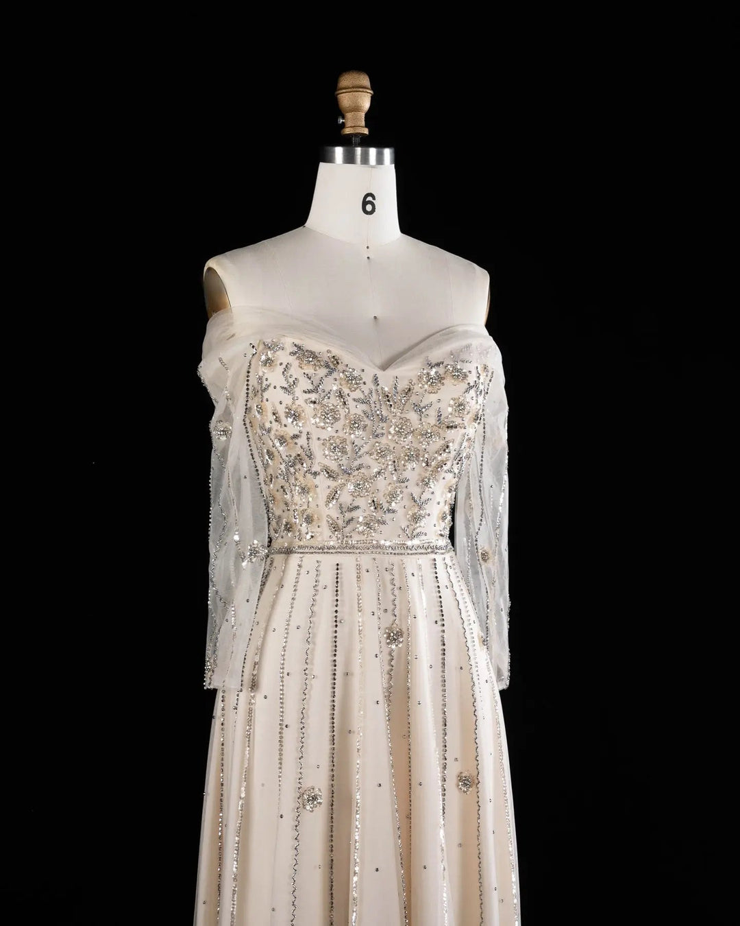 Dreamy Vow SS421 Beige off-shoulder beaded A-line evening dress, mannequin front