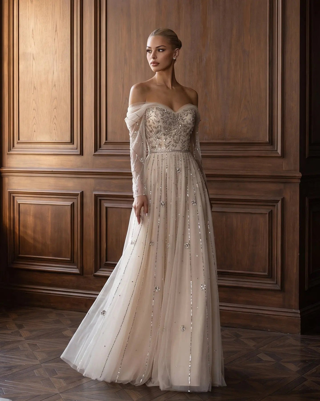 Dreamy Vow SS421 Beige off-shoulder beaded A-line evening dress, model front