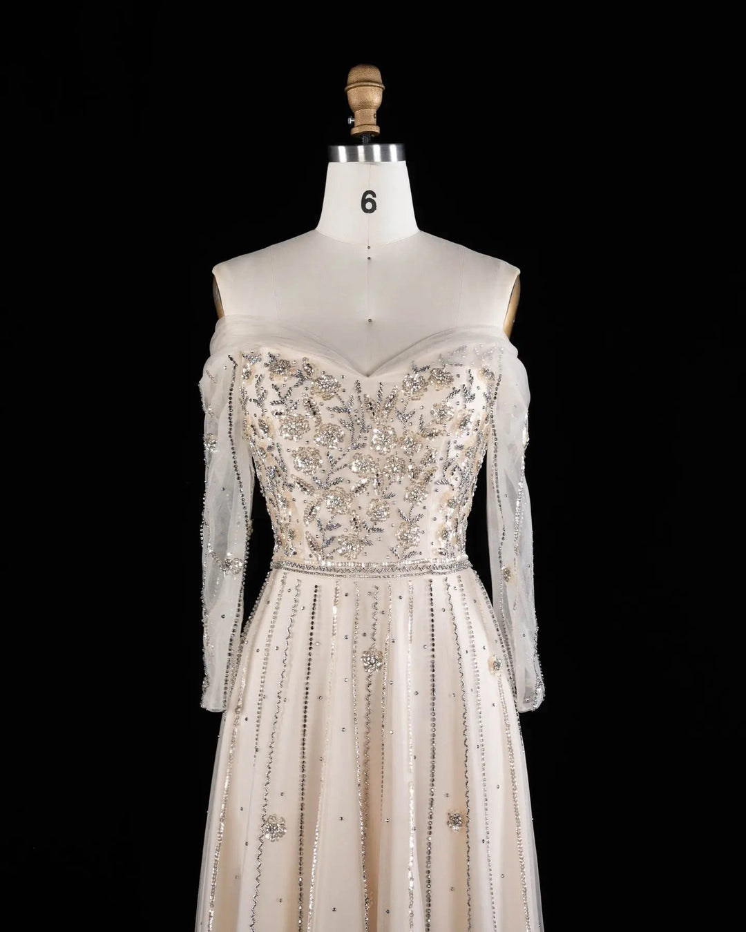 Dreamy Vow SS421 Beige off-shoulder beaded A-line evening dress, neckline detail