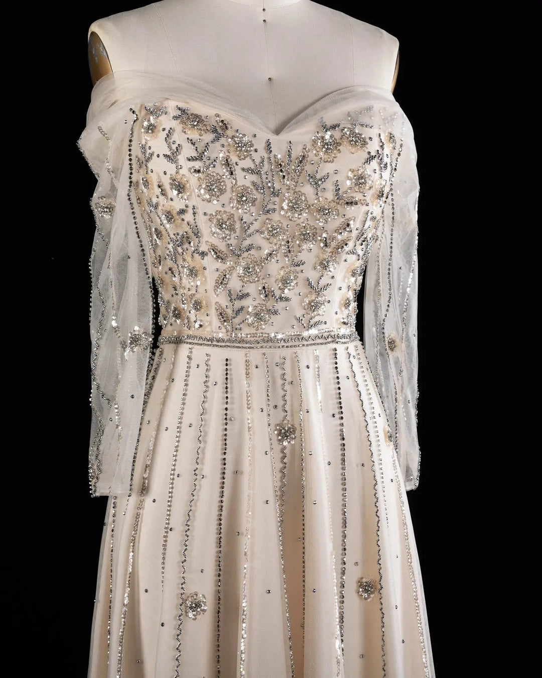 Dreamy Vow SS421 Beige off-shoulder beaded A-line evening dress, waist detail
