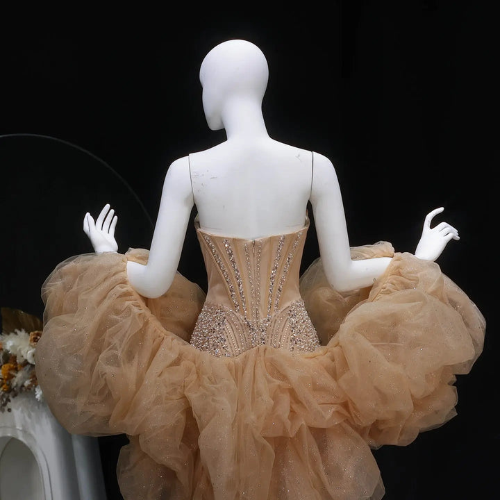 Dreamy Vow SS436 champagne puff sleeve beaded evening dress back detail
