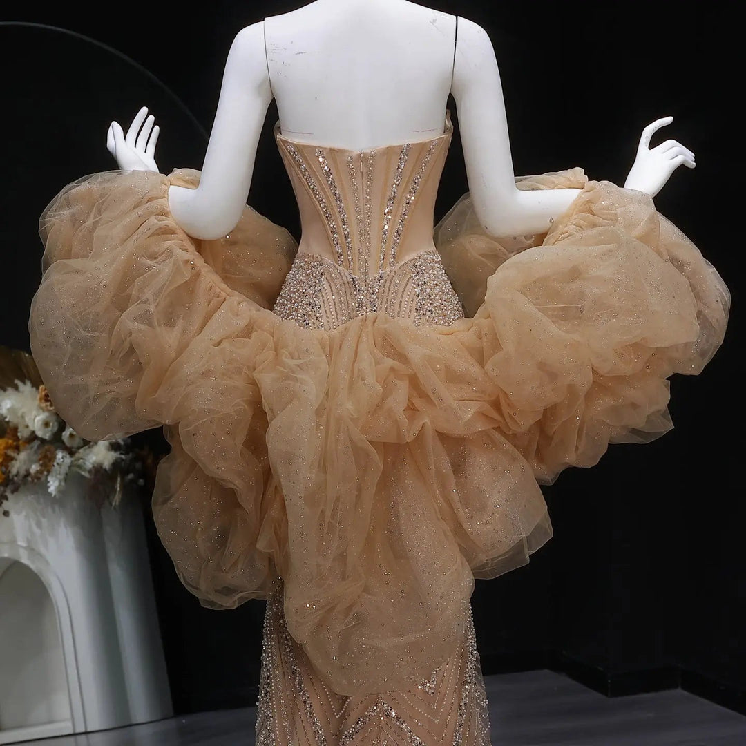 Dreamy Vow SS436 champagne beaded puff sleeve evening dress back bodice