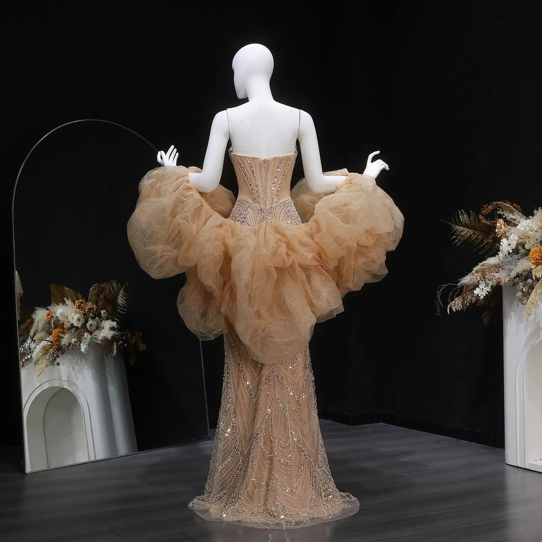 Dreamy Vow SS436 champagne puff sleeve beaded mermaid evening dress back full view