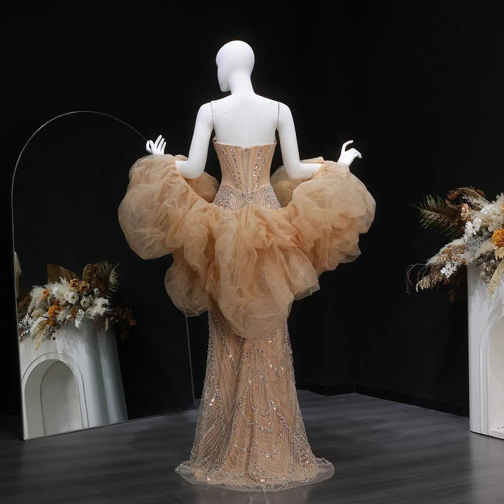 Dreamy Vow SS436 champagne puff sleeve beaded mermaid evening dress back full view