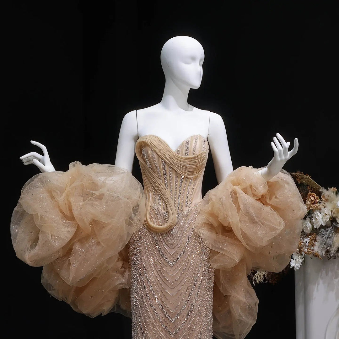 Dreamy Vow SS436 champagne puff sleeve beaded bodice front