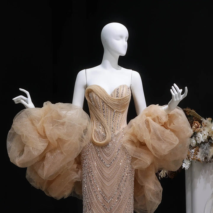 Dreamy Vow SS436 champagne puff sleeve beaded bodice front