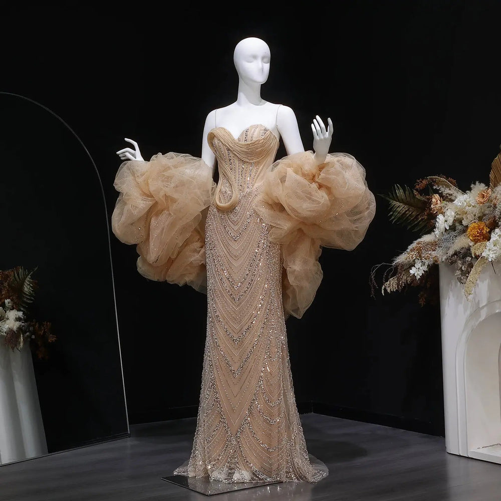 Dreamy Vow SS436 champagne beaded puff sleeve evening dress full front