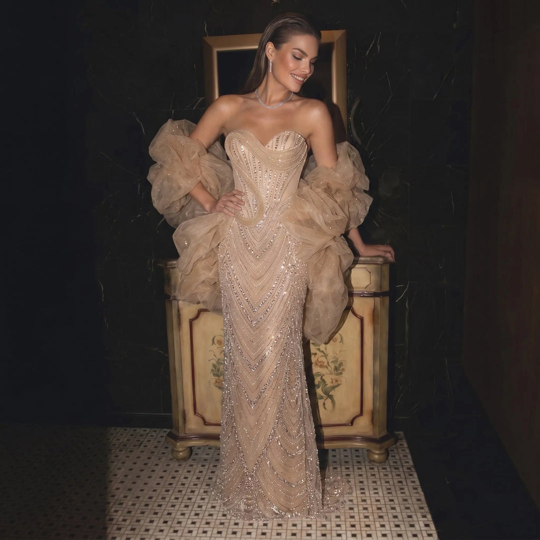 Dreamy Vow SS436 champagne beaded puff sleeve mermaid evening dress seated model