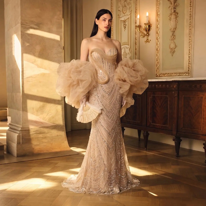Dreamy Vow SS436 champagne beaded puff sleeve mermaid evening dress full model view