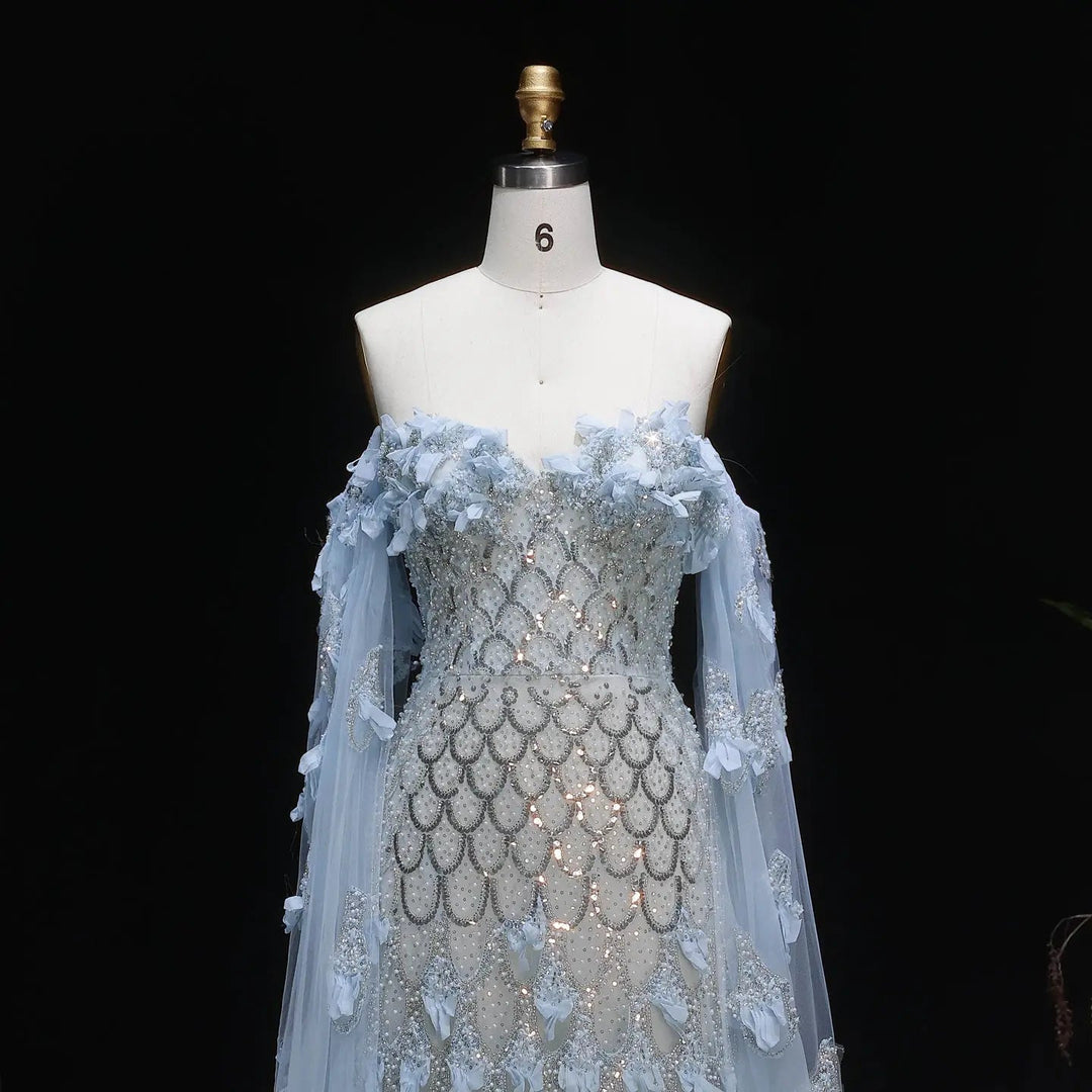 Dreamy Vow SS441 blue 3D floral beaded evening dress close detail