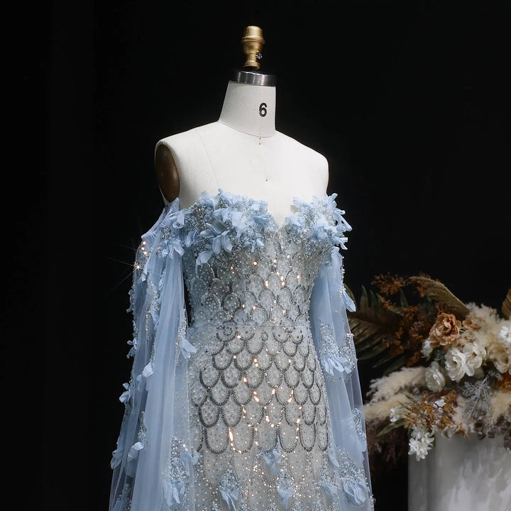 Dreamy Vow SS441 blue 3D floral beaded cape sleeve detail