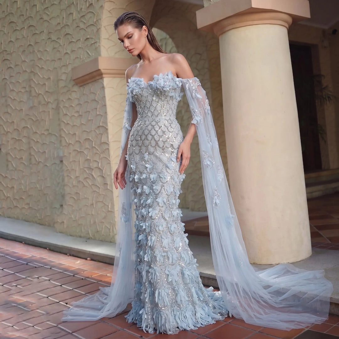 Dreamy Vow SS441 blue 3D floral beaded mermaid evening dress outdoor model view