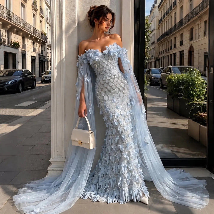 Dreamy Vow SS441 blue 3D floral beaded mermaid evening dress full model view