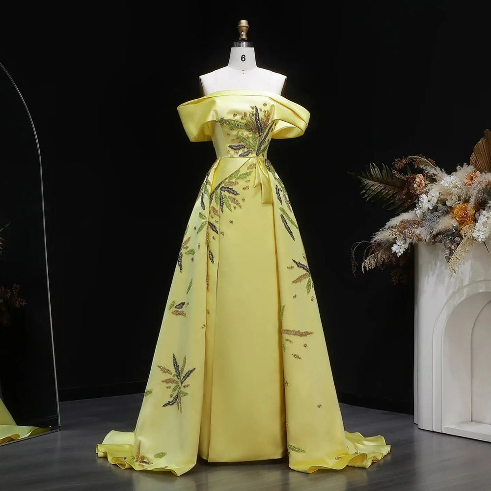 Dreamy Vow SS447 yellow crystal satin off shoulder evening dress front