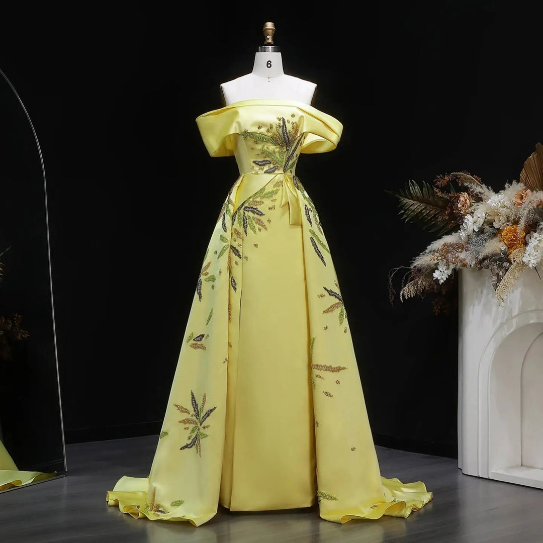 Dreamy Vow SS447 yellow crystal satin off shoulder evening dress front