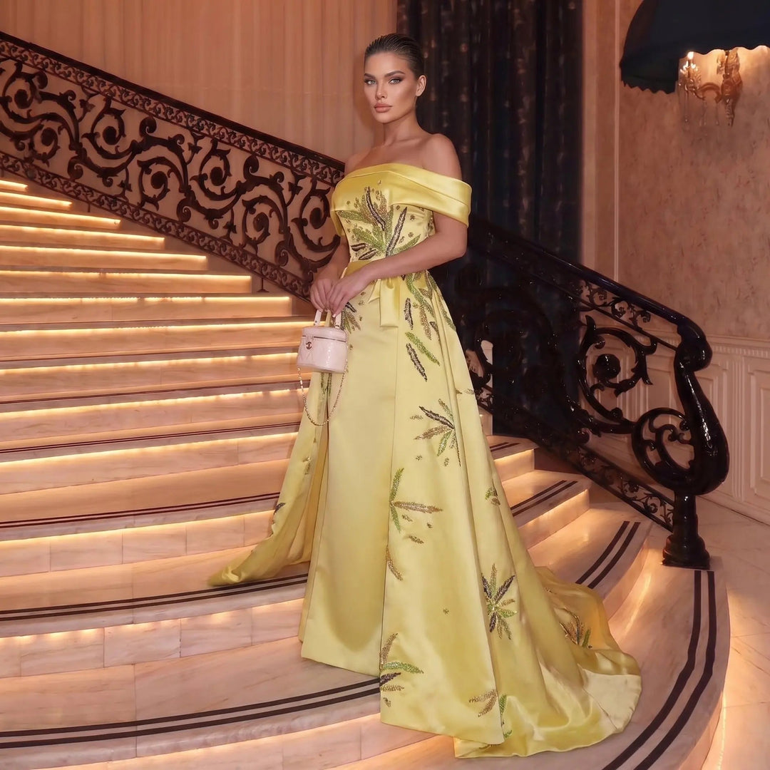 Dreamy Vow SS447 yellow crystal satin off shoulder evening dress model front