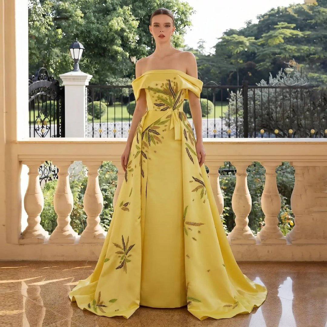 Dreamy Vow SS447 yellow crystal satin evening dress outdoor full view