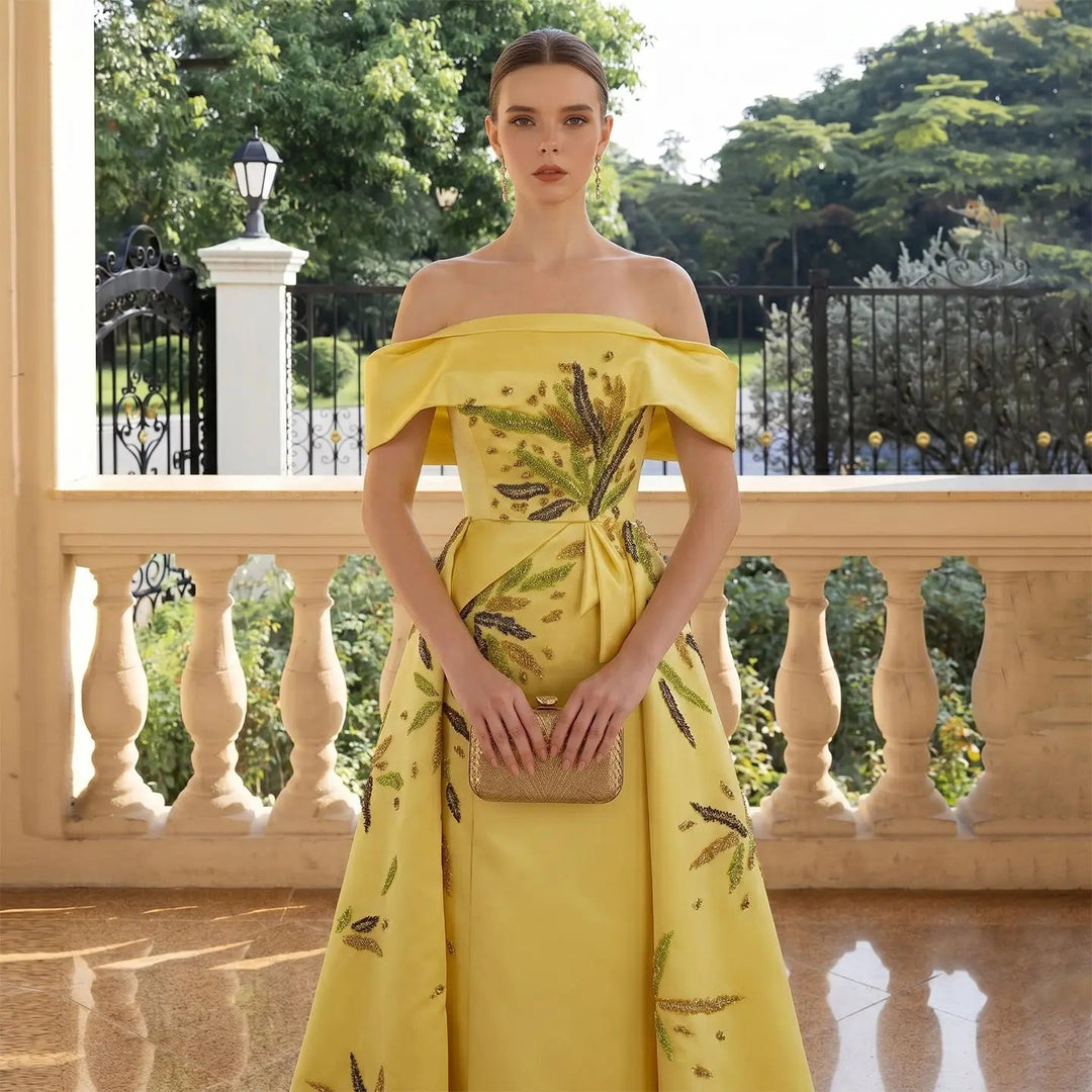 Dreamy Vow SS447 yellow crystal satin evening dress model detail