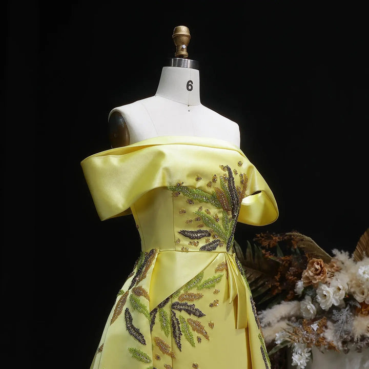 Dreamy Vow SS447 yellow satin off shoulder bodice detail