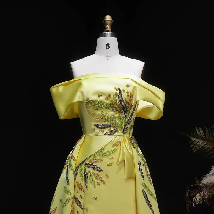 Dreamy Vow SS447 yellow crystal satin off shoulder bodice