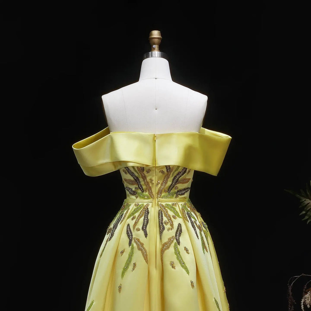 Dreamy Vow SS447 yellow satin off shoulder back detail
