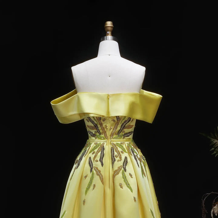 Dreamy Vow SS447 yellow satin off shoulder back detail